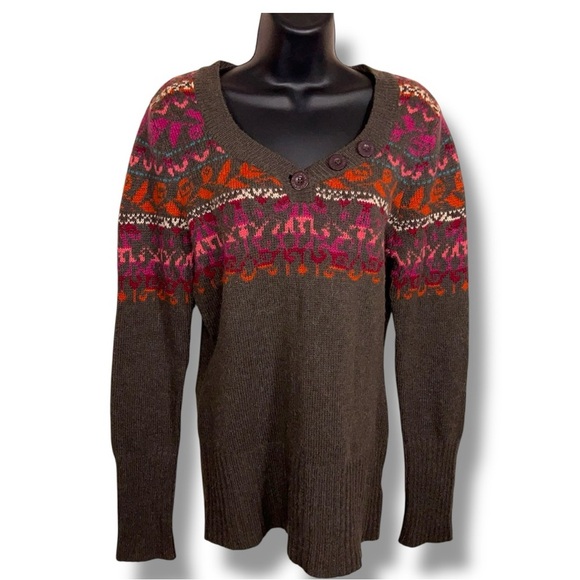 Large Fitted DKNY Alpaca Wool Blend Sweater Long Sleeve Olive/Brown Floral - Picture 1 of 16